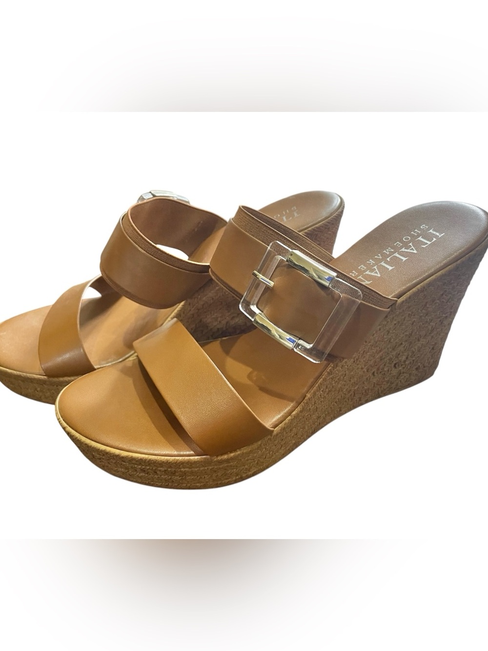 Italian Shoemakers Tan Leather Wedge Sandals with Clear Buckle